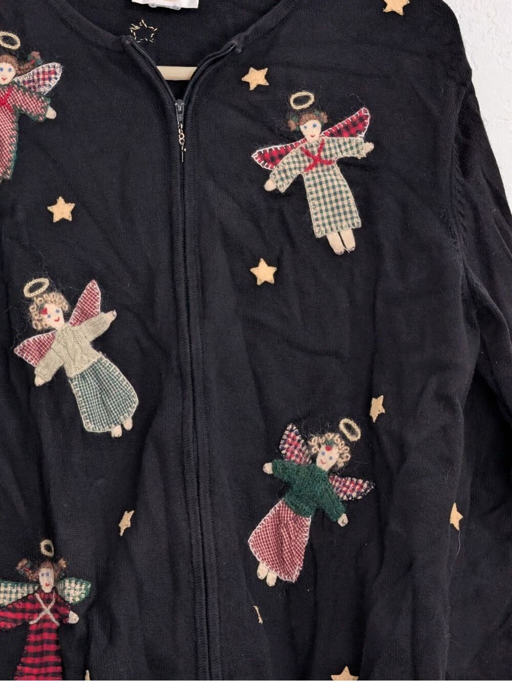 Vtg 90s Granny Christmas Sweater Cardigan Zip Angel Doll Star Grandma Teacher XL - Picture 3 of 4